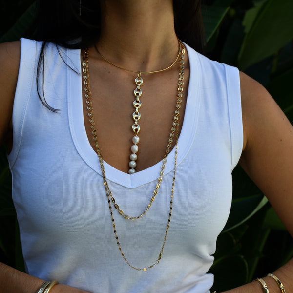 JESSIE - PEARL + MARINER LINK DROP NECKLACE