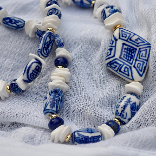 LIZZIE BLUE + WHITE BEADED NECKLACE