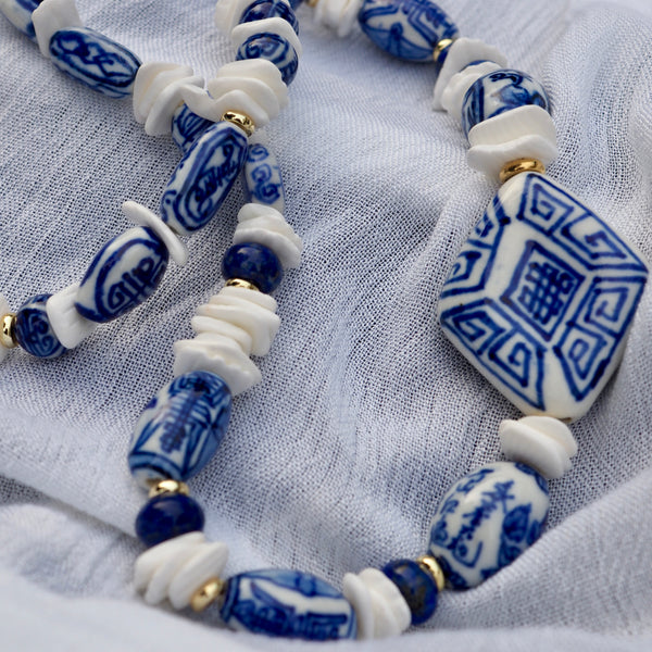 LIZZIE BLUE + WHITE BEADED NECKLACE