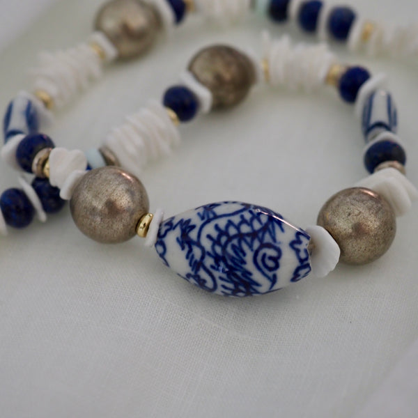 CLYDE BLUE + WHITE BEADED NECKLACE