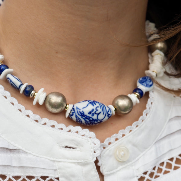 CLYDE BLUE + WHITE BEADED NECKLACE