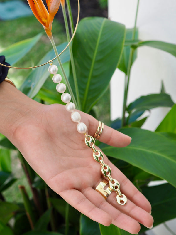 JESSIE - PEARL + MARINER LINK DROP NECKLACE